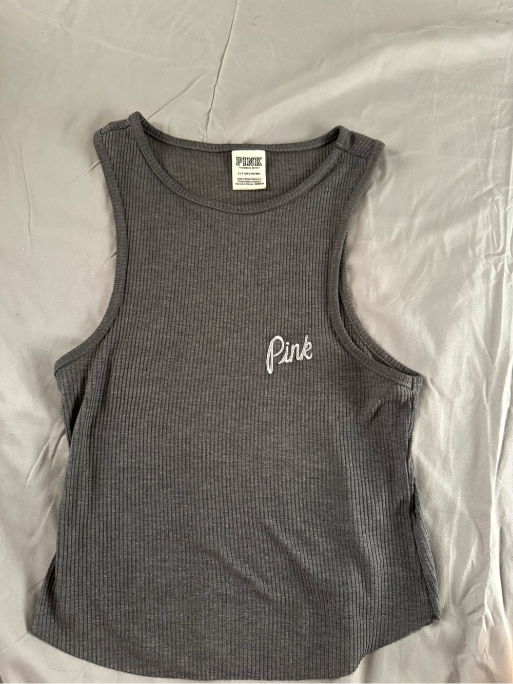 PINK Victoria's Secret Dark Charcoal Ribbed Tank with White Script
